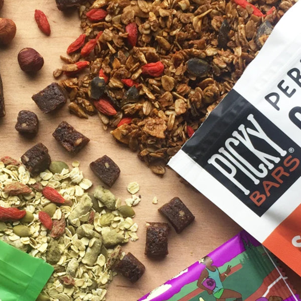Picky granola and bars on a table from above