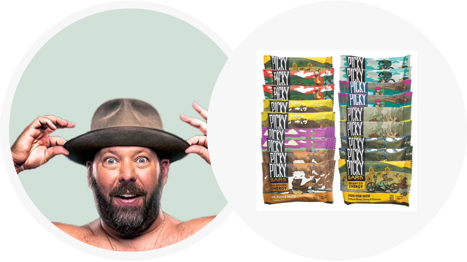 Bert Kreischer wearing a wide-brimmed hat with a surpised expression, and an array of Picky Bars