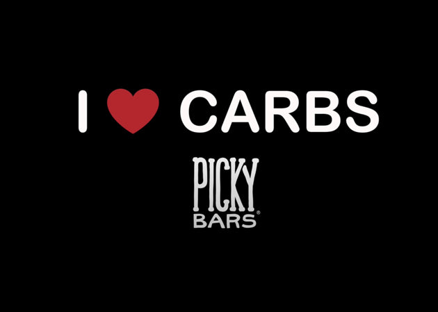 The words 'I heart carbs' and the Picky Bars logo on a black background